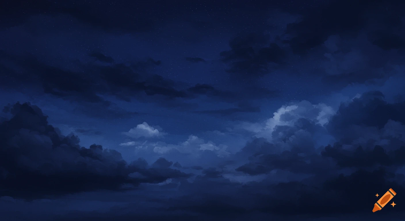 Dark blue night sky with heavy clouds and faint stars.