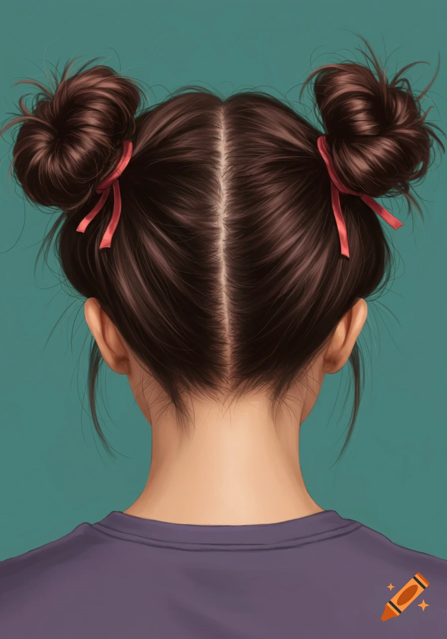 Back view of a person with brunette hair styled in two space buns tied with red ribbons, against a teal background, in a detailed illustration style.