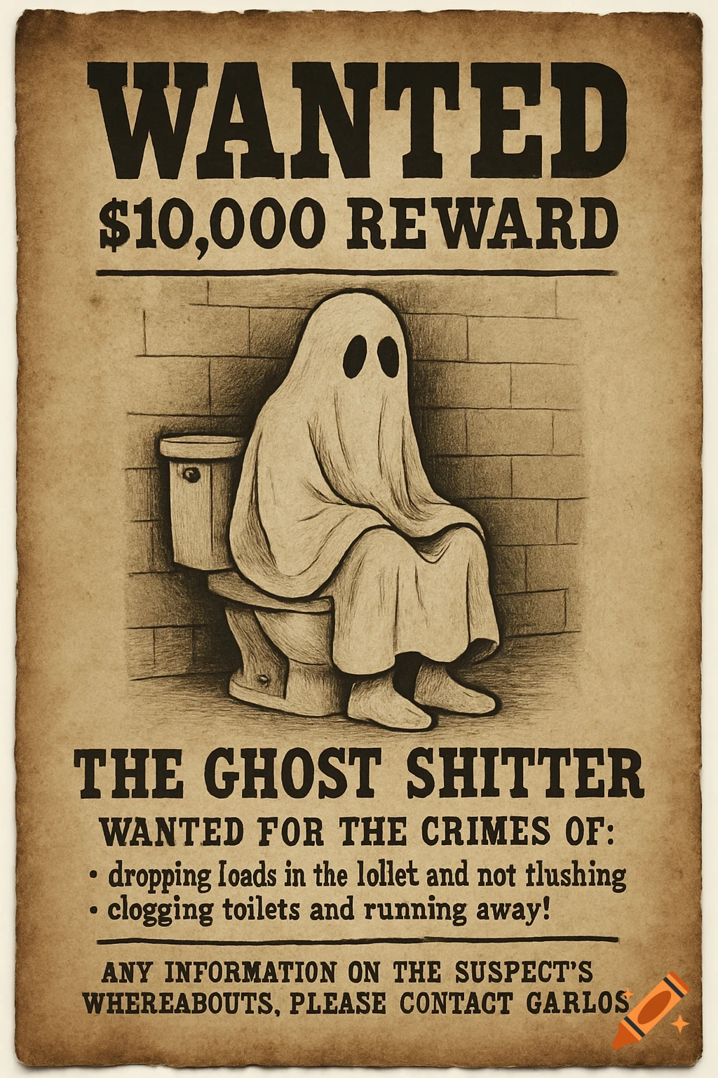 Sketch wanted poster of a ghost sitting on a toilet with text 'Wanted' and '$10,000 reward'