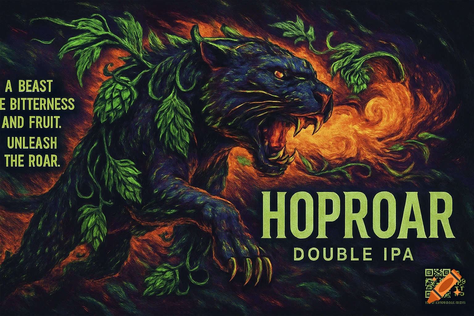 Stylized dark creature combining a jaguar and hop vines, with vibrant colors, text, and a QR code on a label.