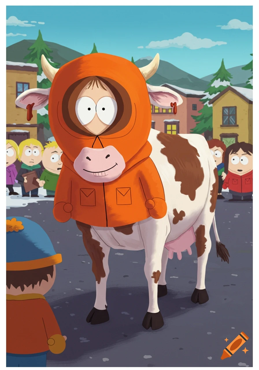 Cartoon illustration of a cow wearing an orange Kenny from South Park hood standing in a snowy town.