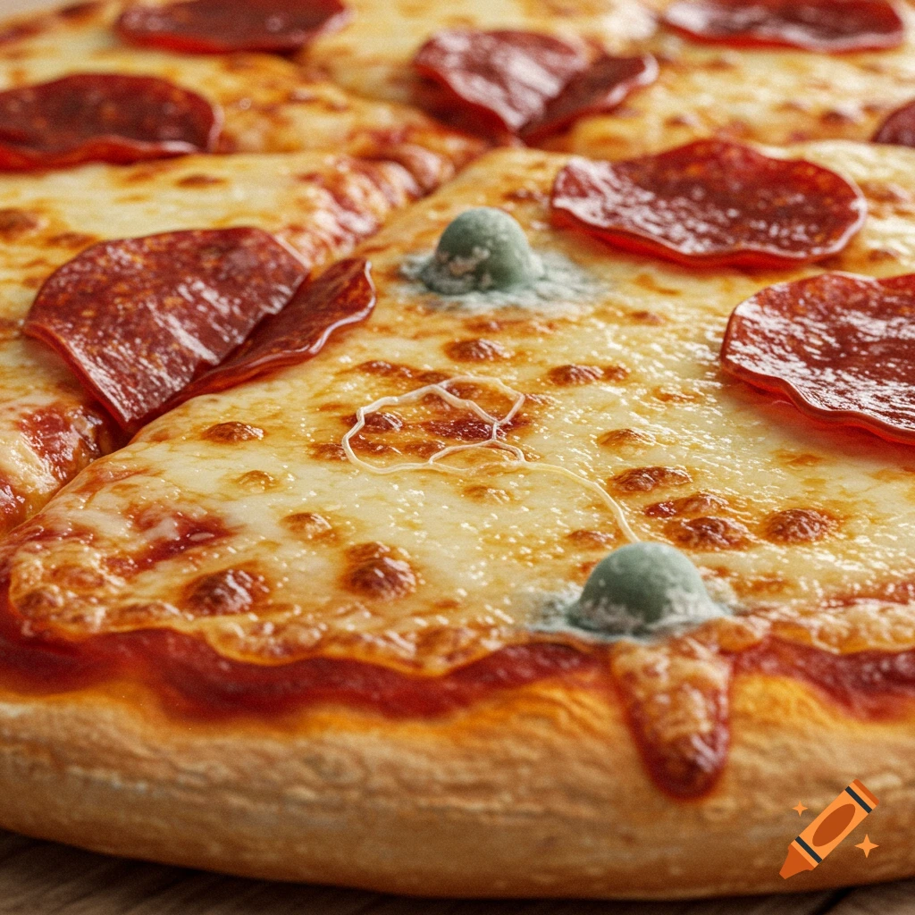 Close-up photorealistic image of a pepperoni pizza with patches of strange mold growing on the cheese.