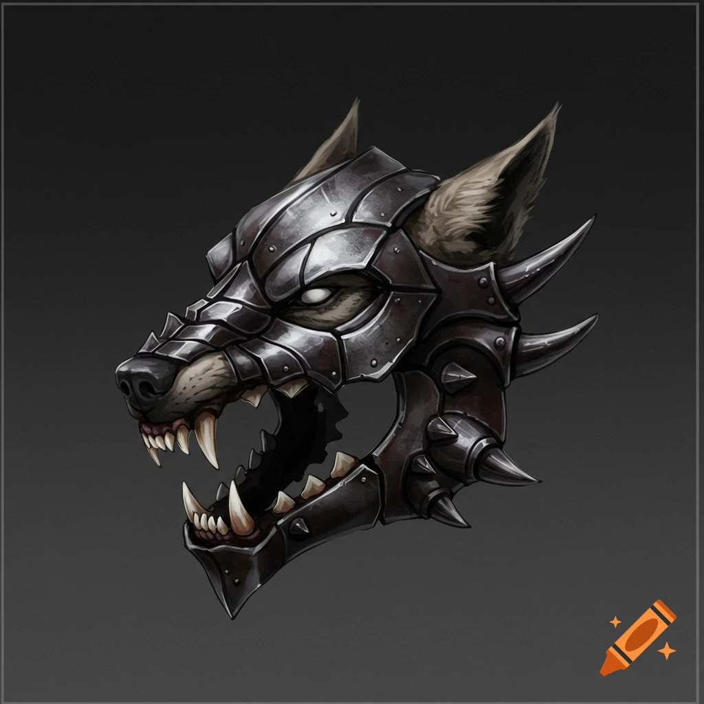 Detailed illustration of a steel jaw helm for a dire wolf, featuring sharp teeth and spikes.