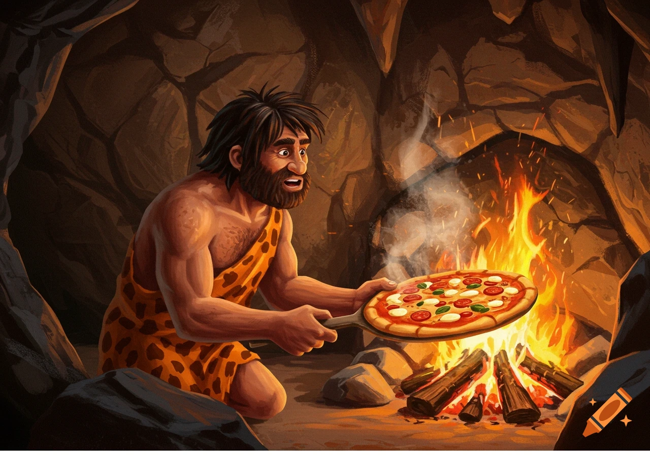 A cartoon caveman holds a pizza on a peel over a fire in a cave.