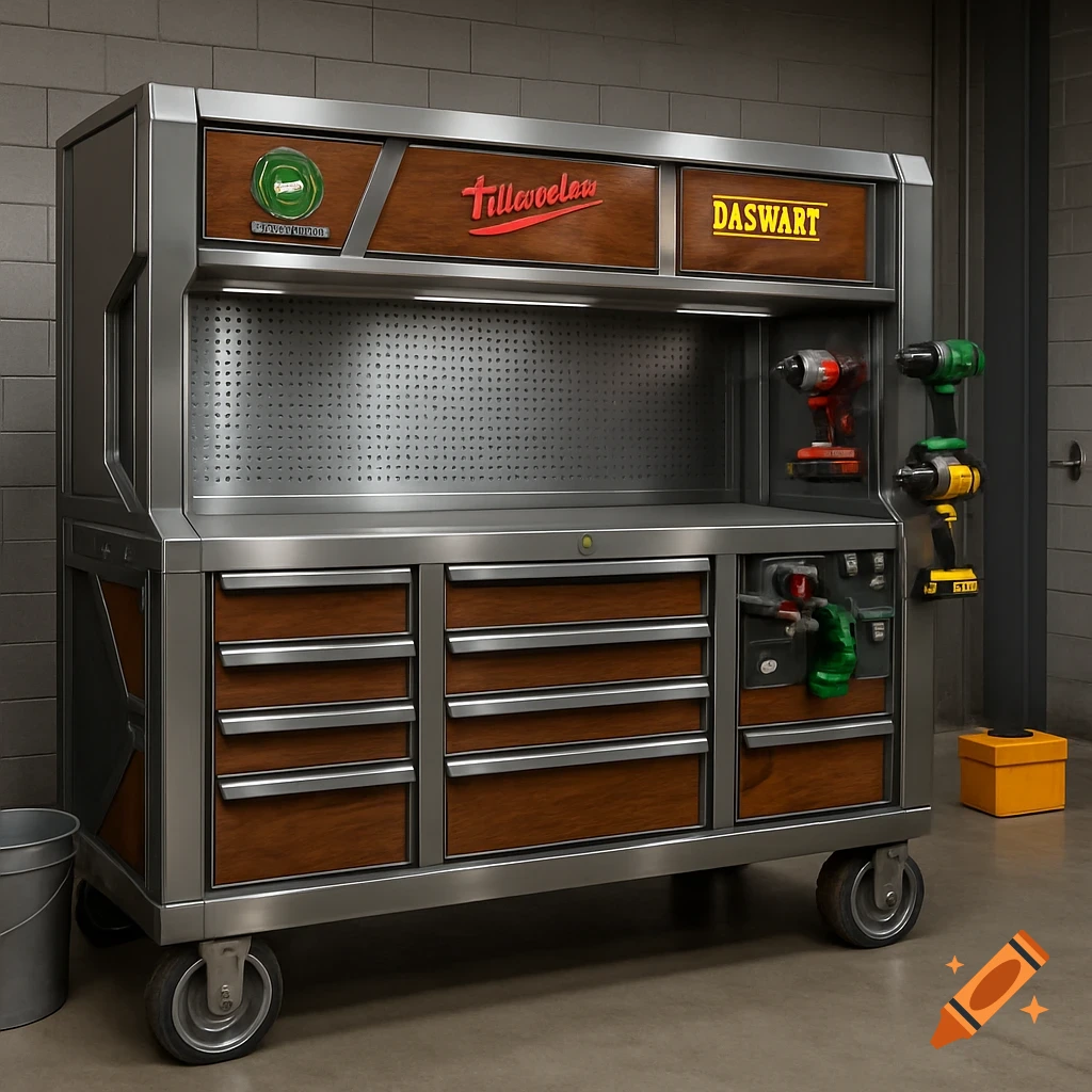 A detailed view of a large, futuristic metal tool cart with wood accents, drawers, and mounted power tools.