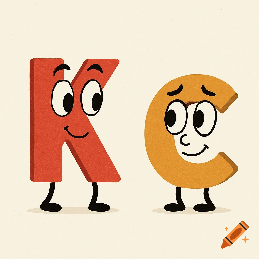 Cartoon letters K and C animated with faces and legs, K smiling happily at a nervous-looking C.