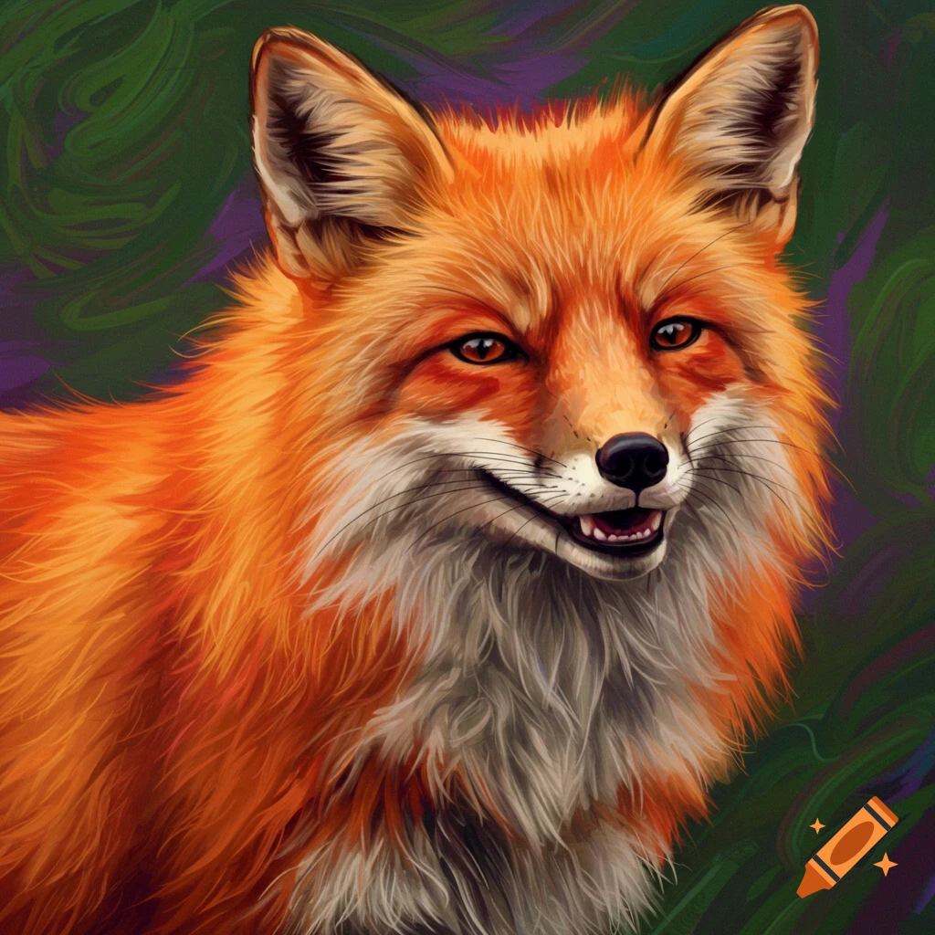 A close-up portrait of a smiling fox, digital painting style.