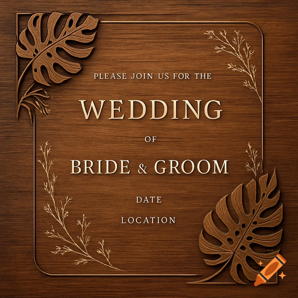 Rustic wooden wedding invitation with text placeholders and carved leaf decorations
