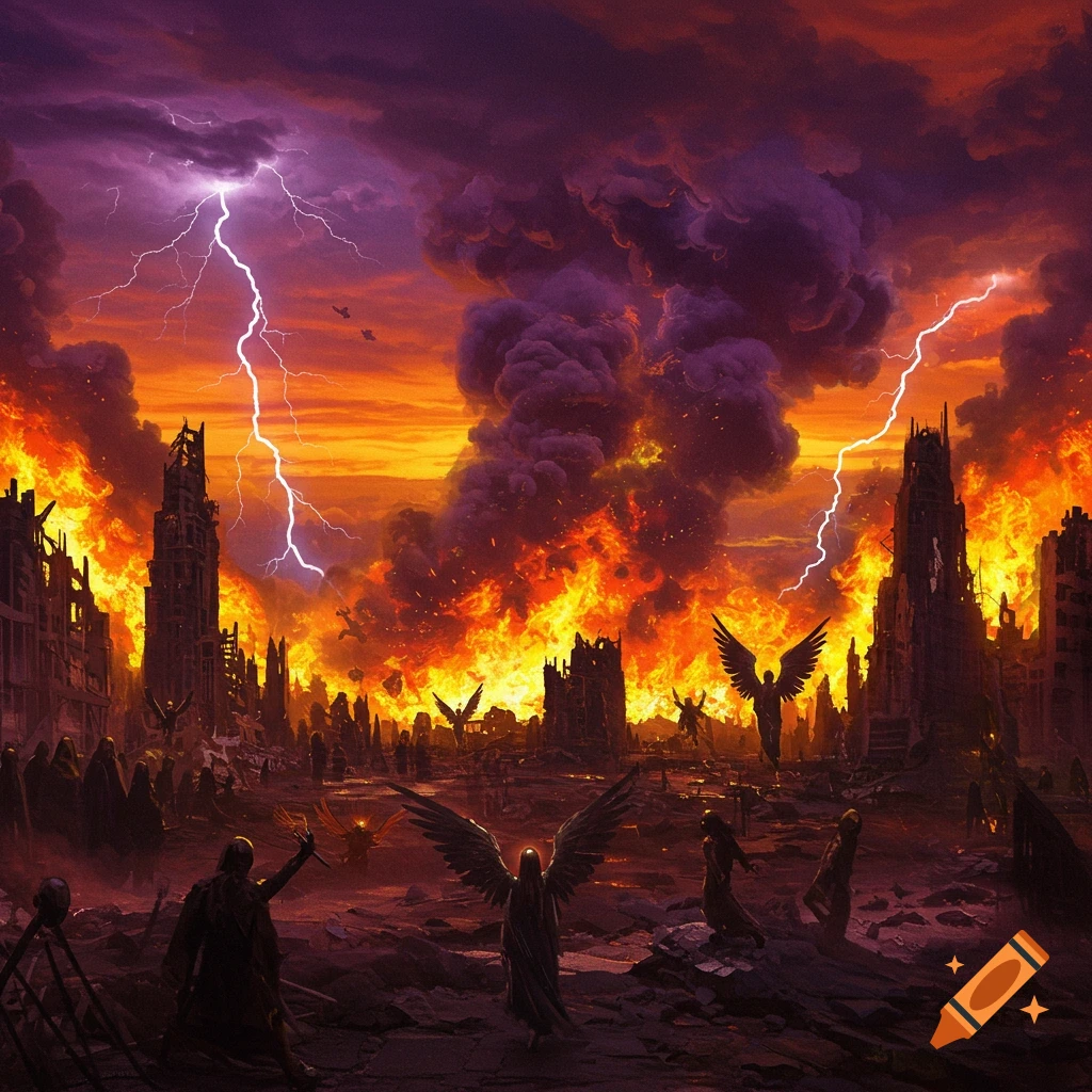 Apocalyptic scene of a ruined city consumed by fire and lightning, with figures resembling angels or demons amidst the destruction.