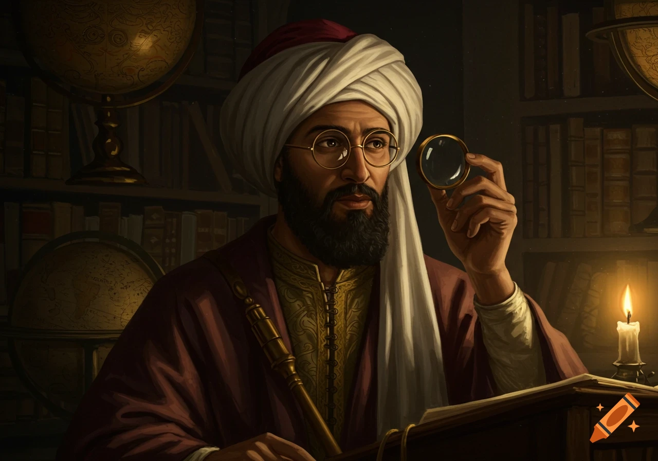 A man in a turban and historical robes holds a magnifying lens in a dim library.