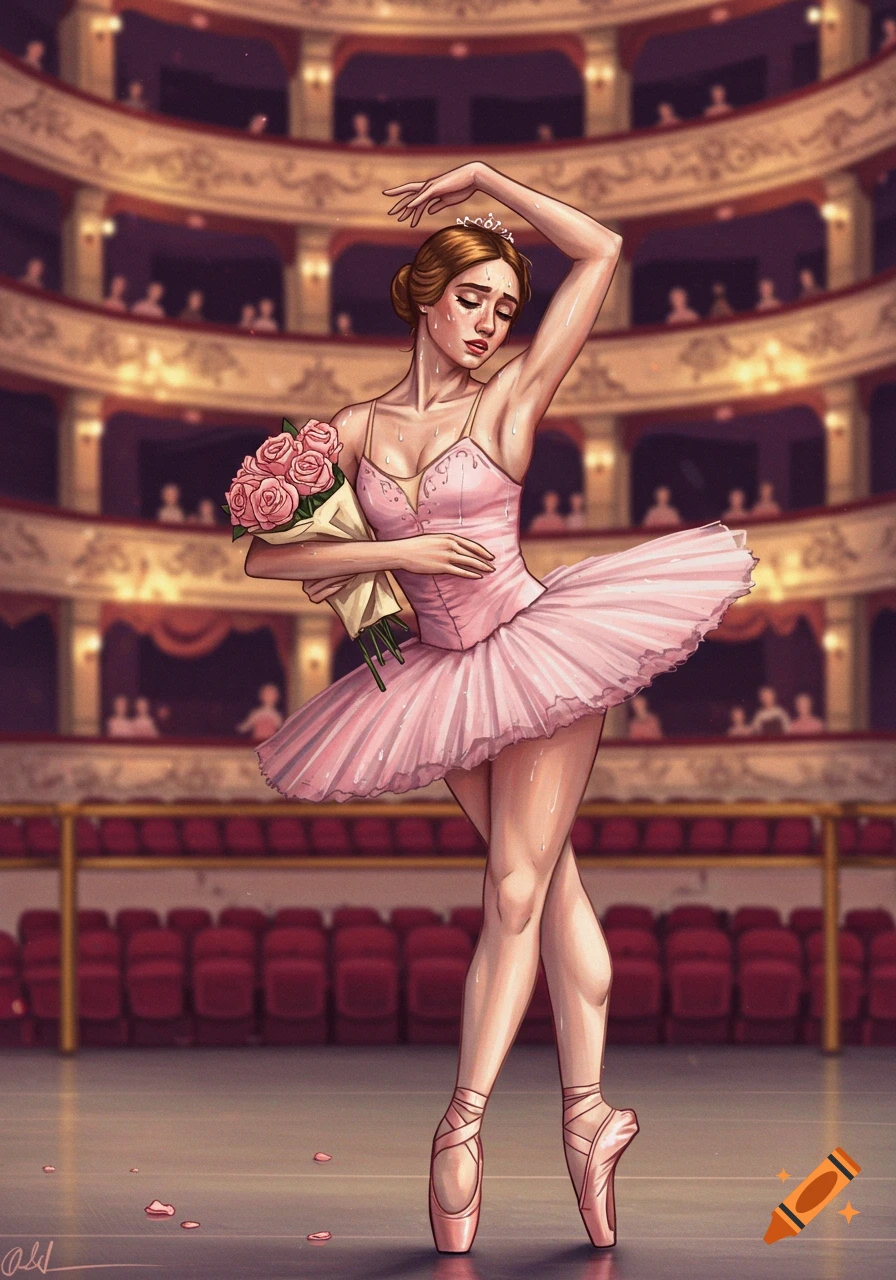 An illustration of a tired ballerina in a pink tutu holding a bouquet of roses on a stage in an opera house.