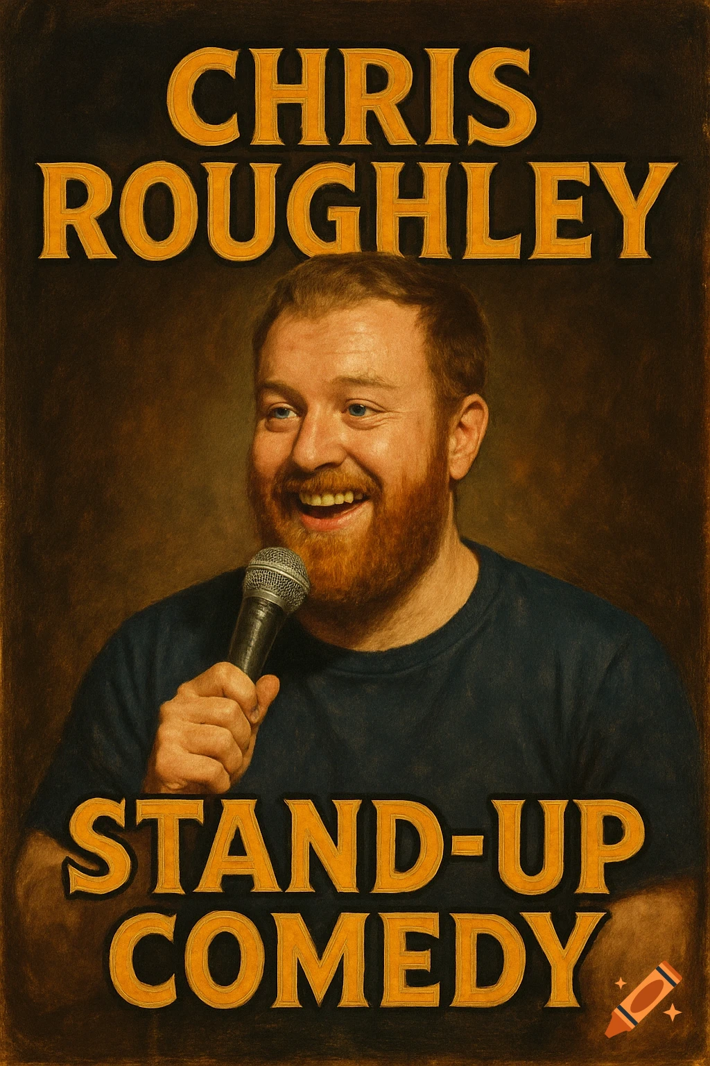 Portrait of a man smiling and holding a microphone, with text "Chris Roughley Stand Up Comedy"