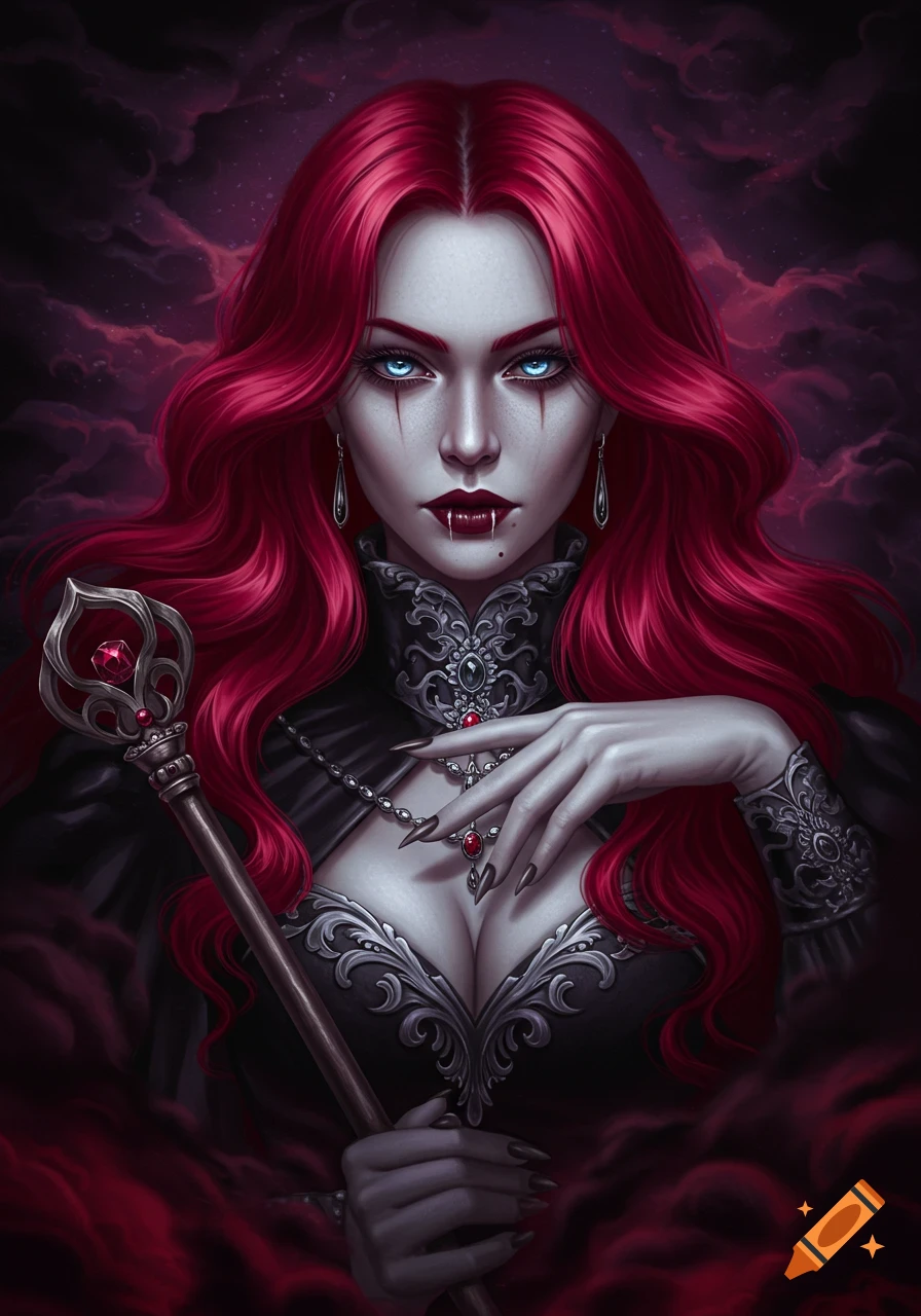 A portrait of a vampire queen with flowing red hair, icy blue eyes, and fangs, holding a scepter.