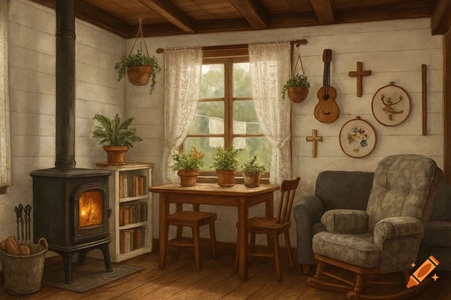 Cozy cabin interior with a wood stove, rocking chair, table with plants, bookcase, and various items on the wall, including crosses, embroidery, and a ukulele.