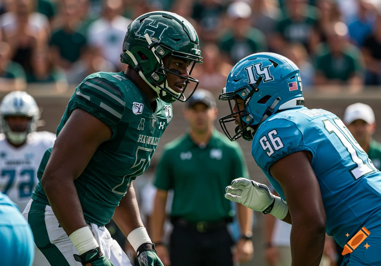 Two American football players in green and blue jerseys face off on the field