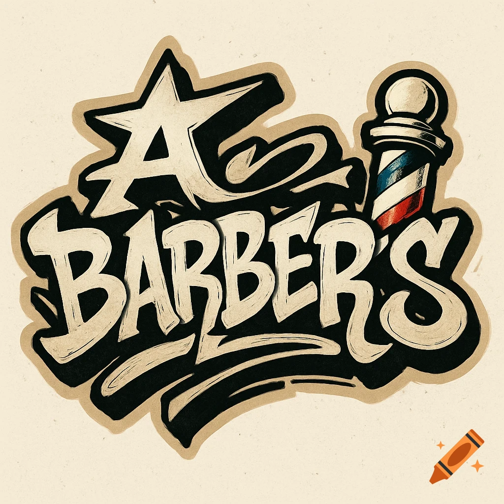 Stylized barbershop logo with star, 'A BARBER'S' text, and barbershop pole in graffiti style.
