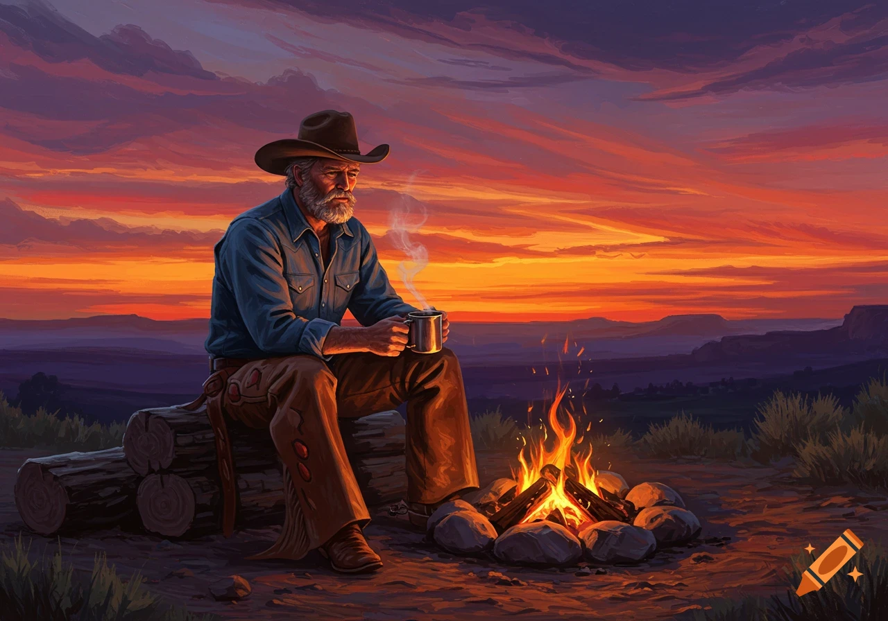 A cowboy sits by a campfire at sunset in a painterly landscape.