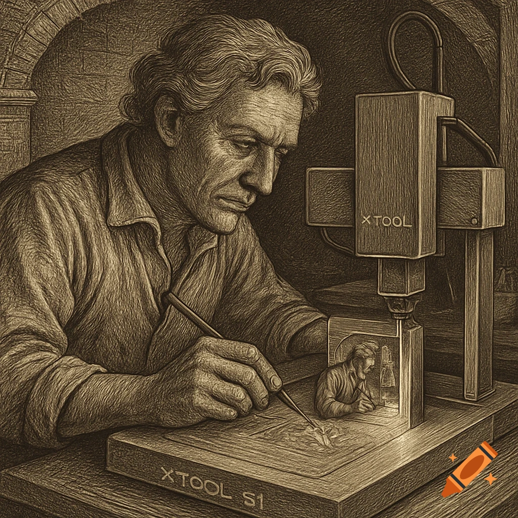 Sepia sketch of man engraving using a CNC machine, featuring an inception scene within the engraving.