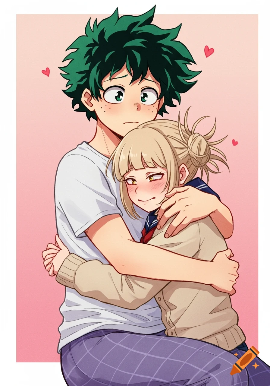 Anime drawing of Izuku Midoriya hugging Himiko Toga from My Hero Academia.