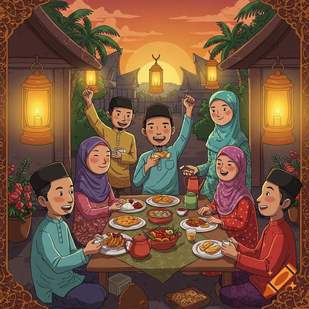 Illustration of a family sharing a meal outdoors at sunset
