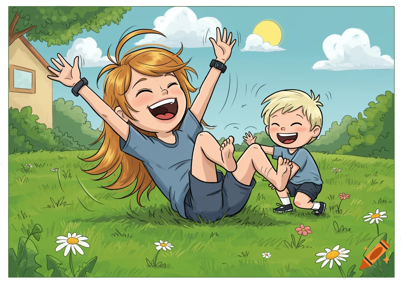 Cartoon illustration of two happy children playing tickle on a sunny grassy lawn.