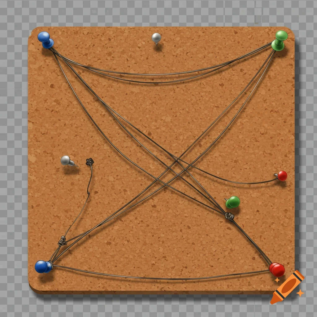 Corkboard with thumbtacks connected by string on a transparent background.