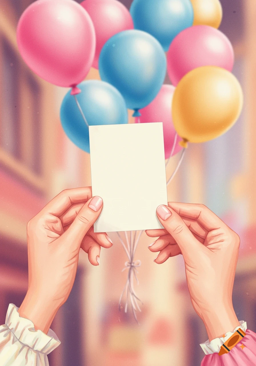 Illustration of hands holding a blank card in front of colorful balloons.