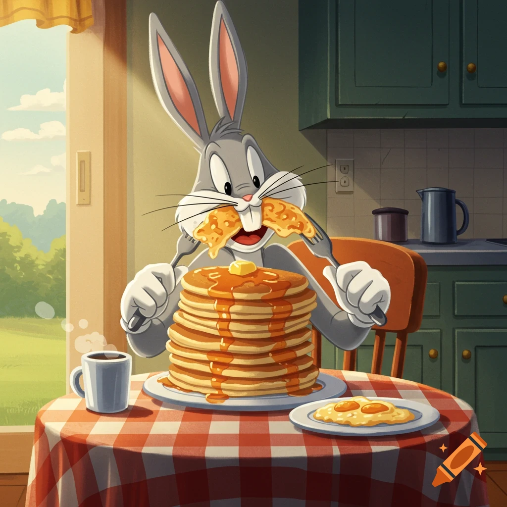 Bugs Bunny happily eats a tall stack of pancakes for breakfast in a kitchen.