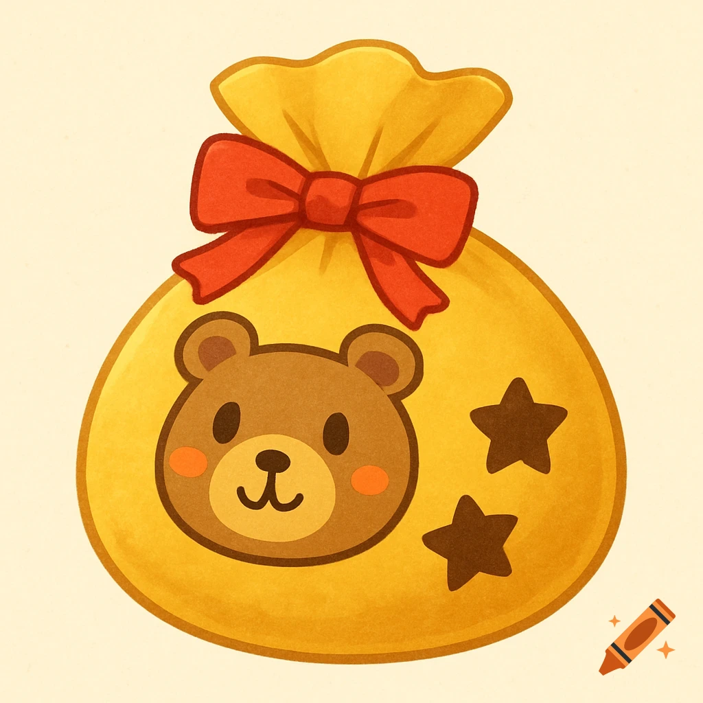 Cute illustration of a yellow drawstring bag with a bear face, red ribbon, and two stars.