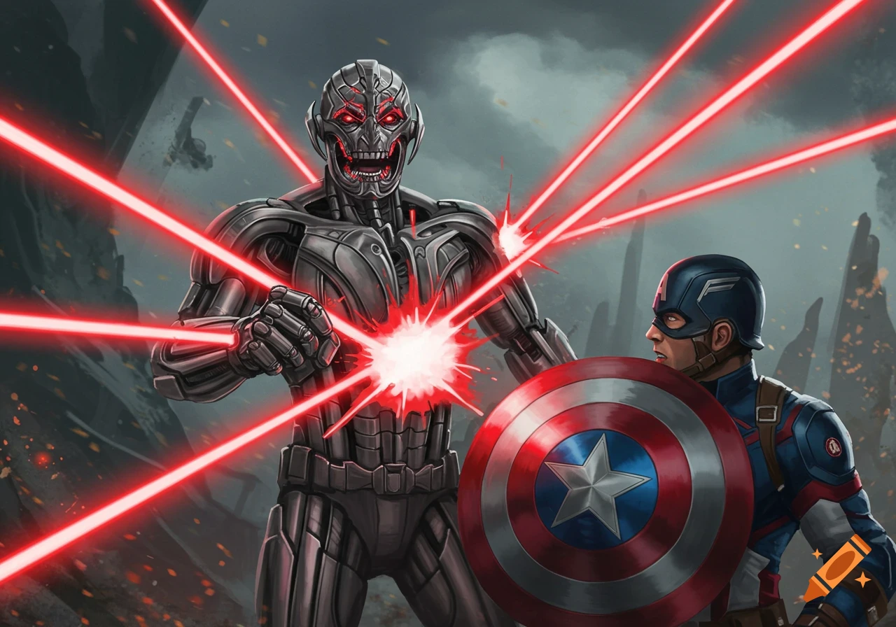 Ultron fires red lasers at Captain America, who blocks with his shield in a comic book style illustration.