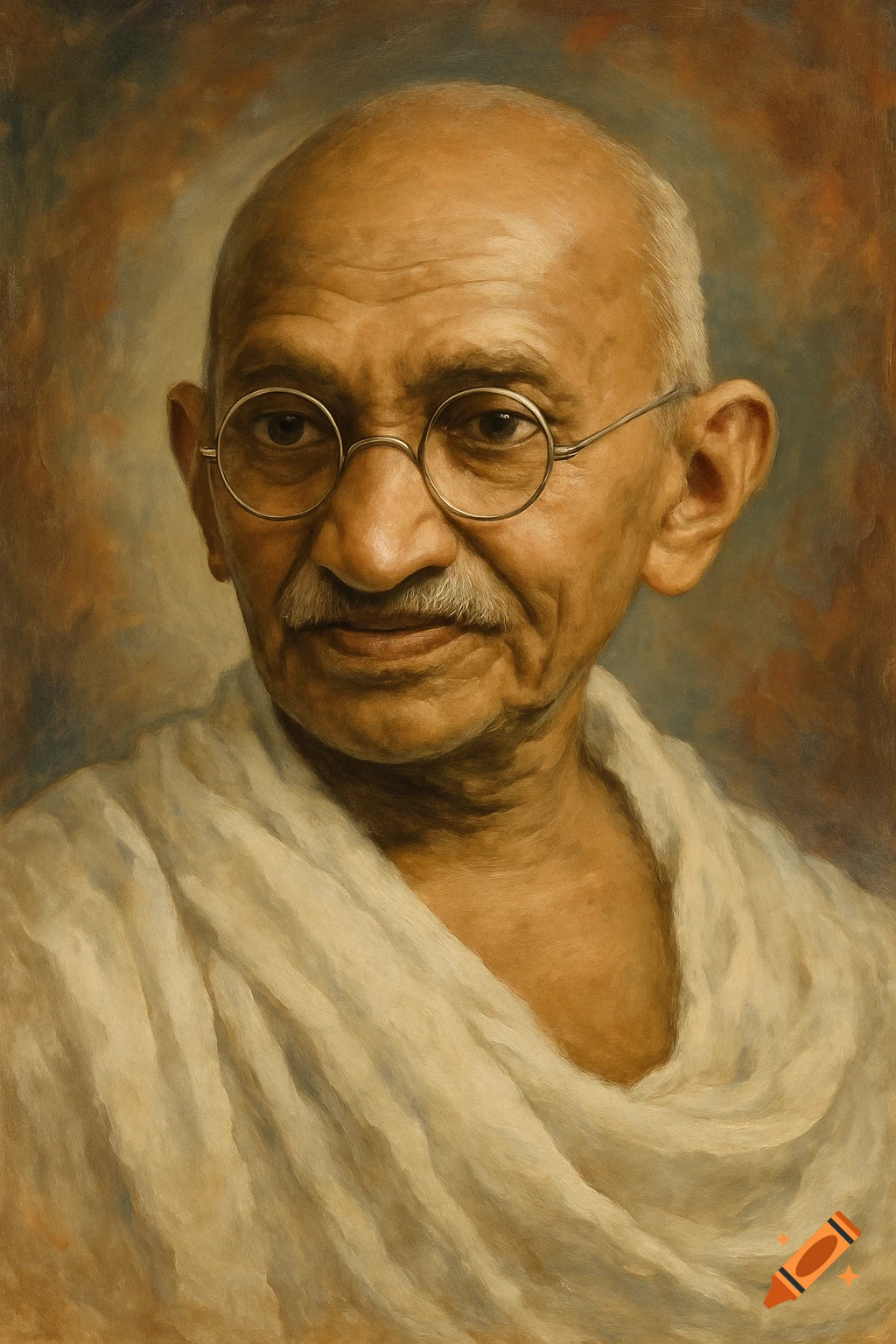 A painted portrait of Mahatma Gandhi