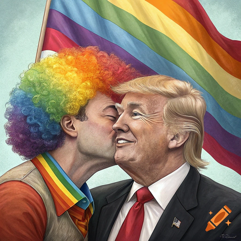 Man with rainbow afro kisses Donald Trump's cheek beside a pride flag. Caricature style.