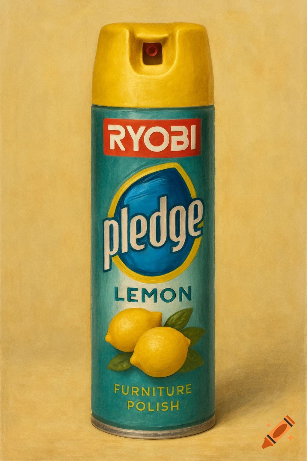 A spray can of Ryobi Pledge lemon furniture polish with lemons, painted on a yellow background.