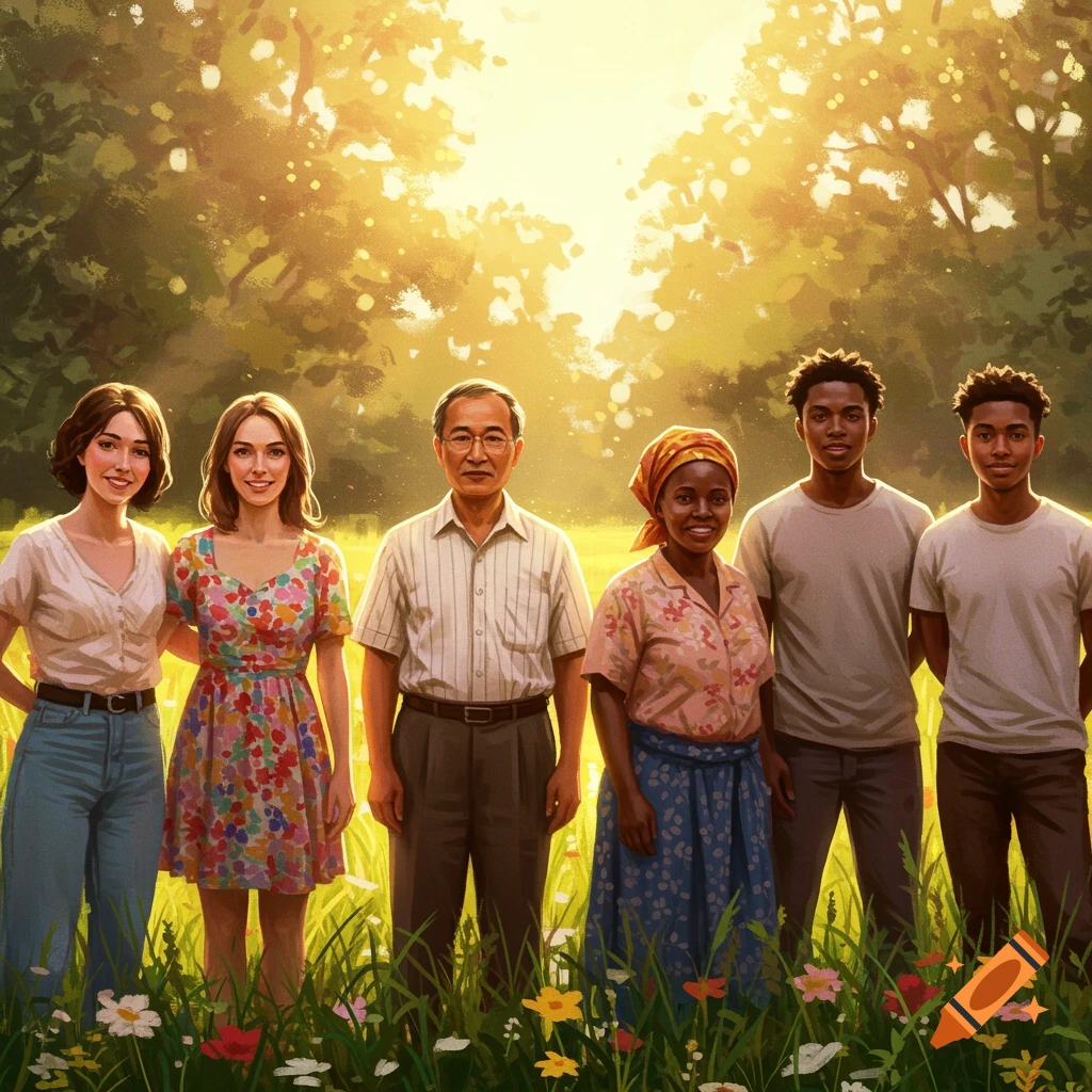 A diverse group of six people stands smiling in a sunny field of flowers in a digital painting style.