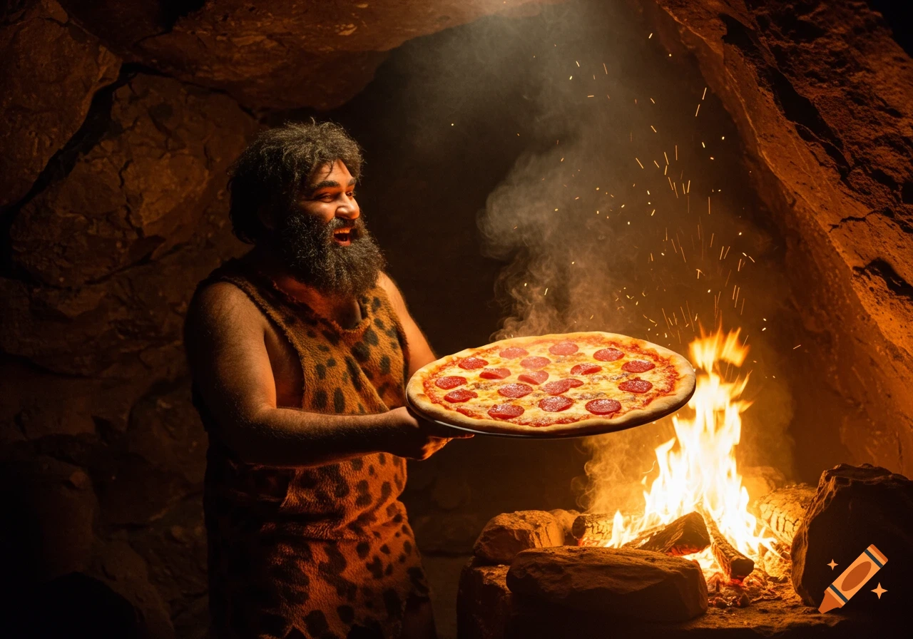 A caveman holds a pepperoni pizza over a fire in a cave.