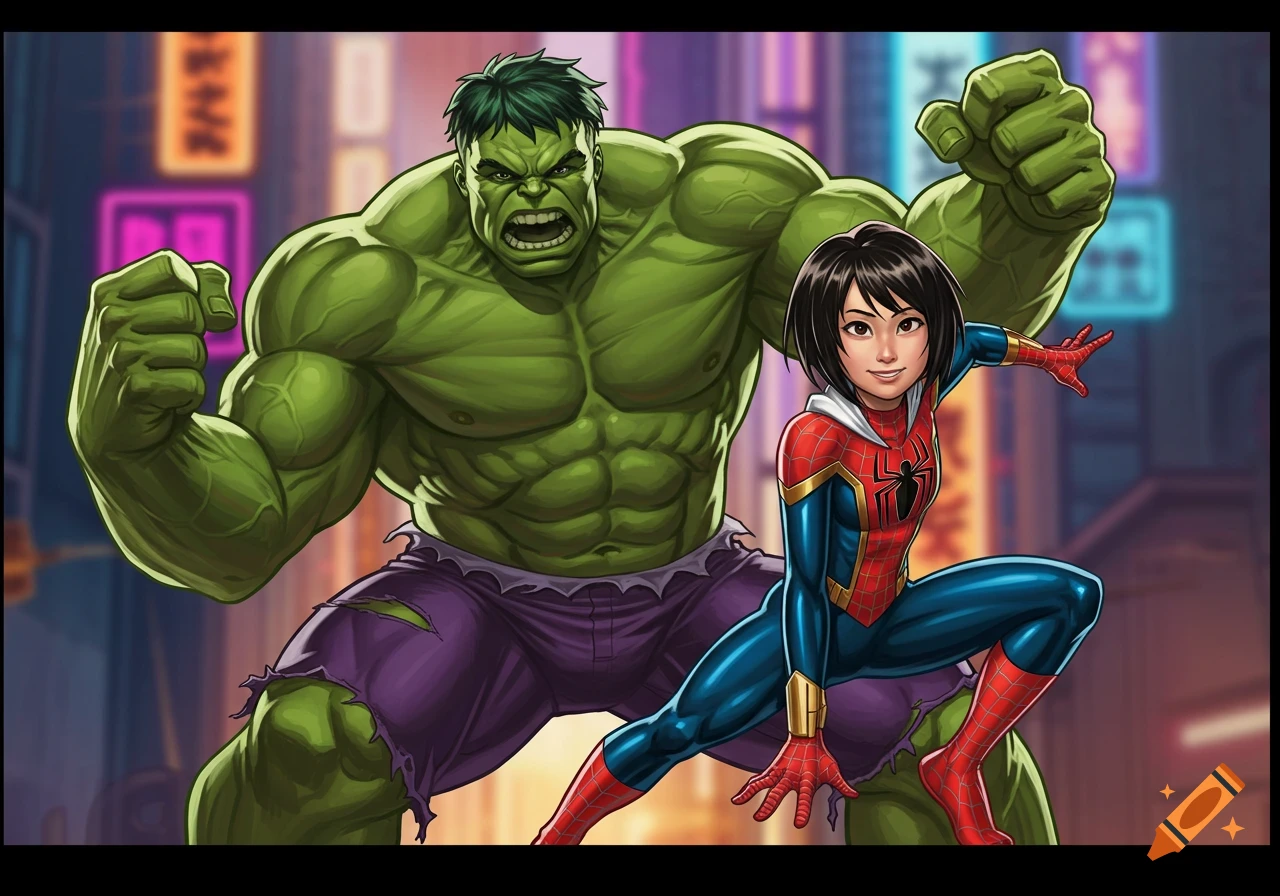 The Hulk stands beside Peni Parker in her Spider-Man suit against a city background in a comic art style.