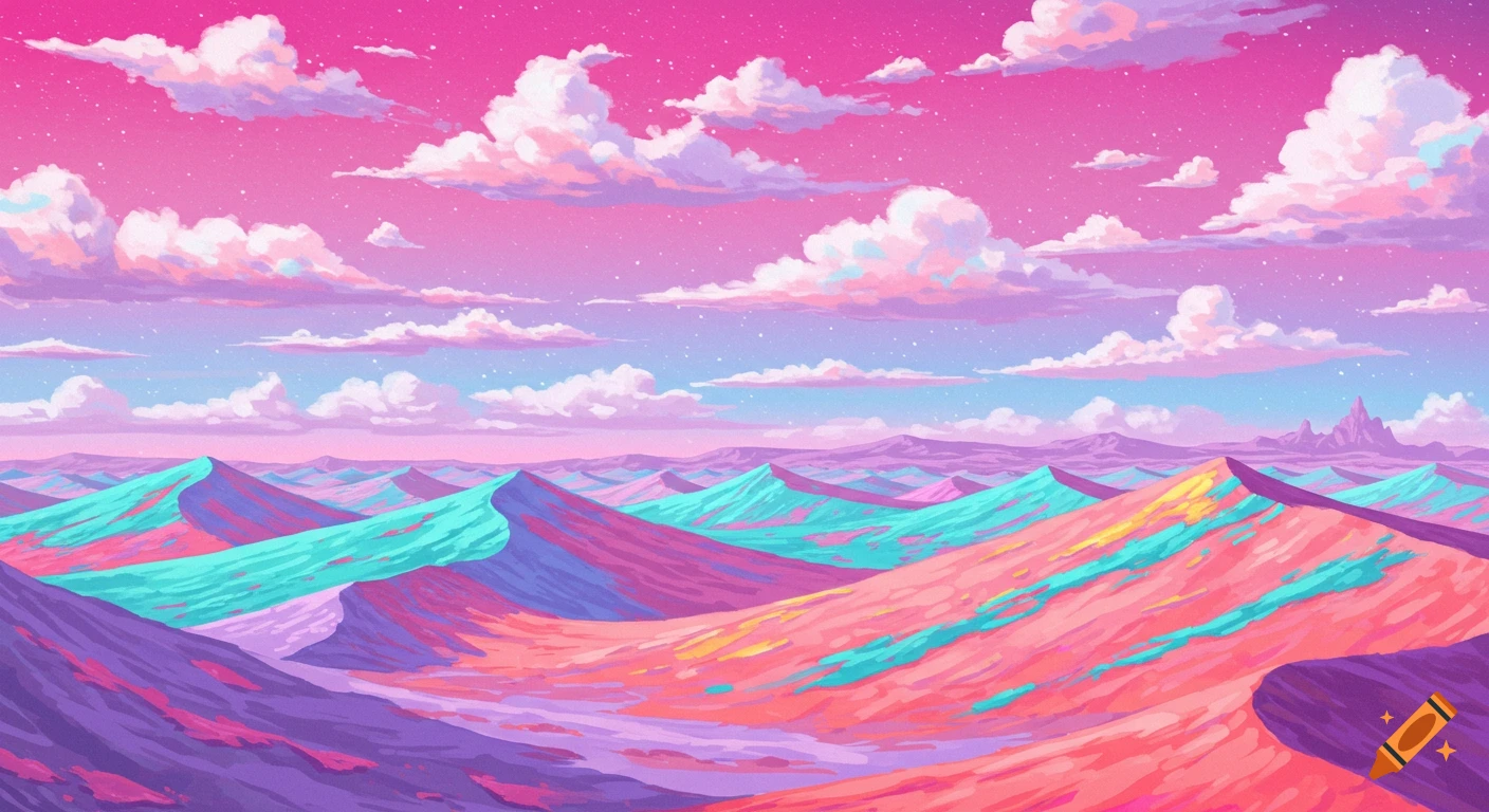 Colorful desert landscape with pink and blue mountains under a pink sky with clouds in an anime style.
