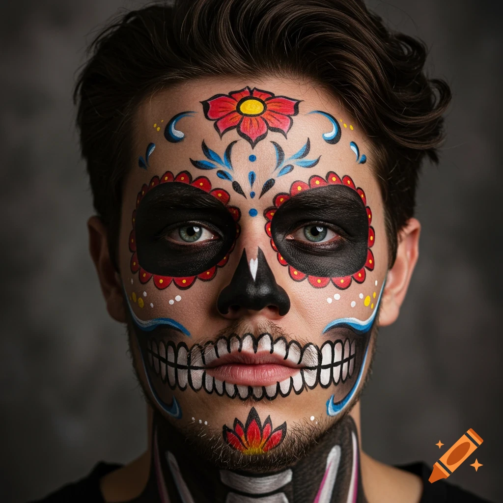 Close-up portrait of a man with intricate sugar skull face paint.