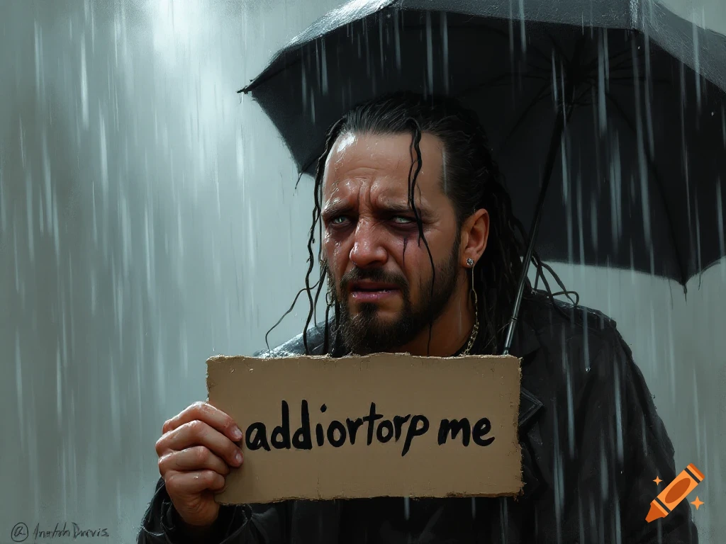A man cries in the rain under an umbrella, holding a sign that says addiortorp me. Digital painting.