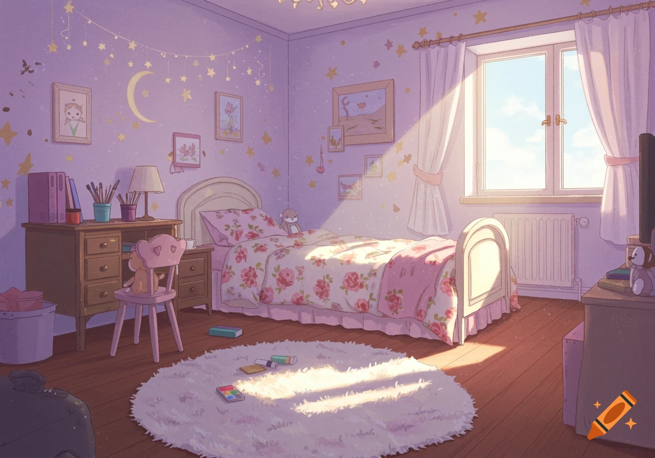 Cozy anime-style girl's bedroom with purple walls, stars, moon, pink ...
