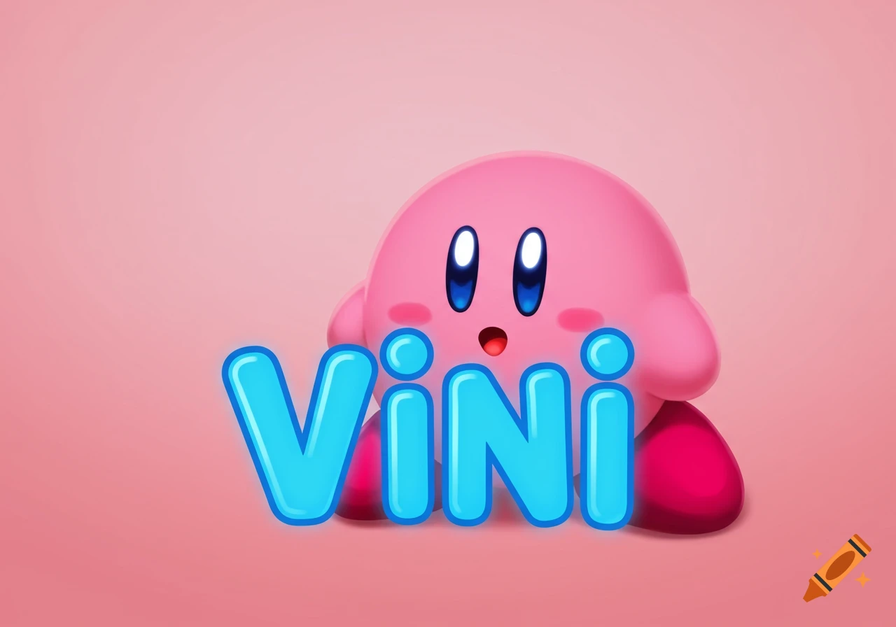 Kirby behind blue text that reads 'Vini' on a pink background