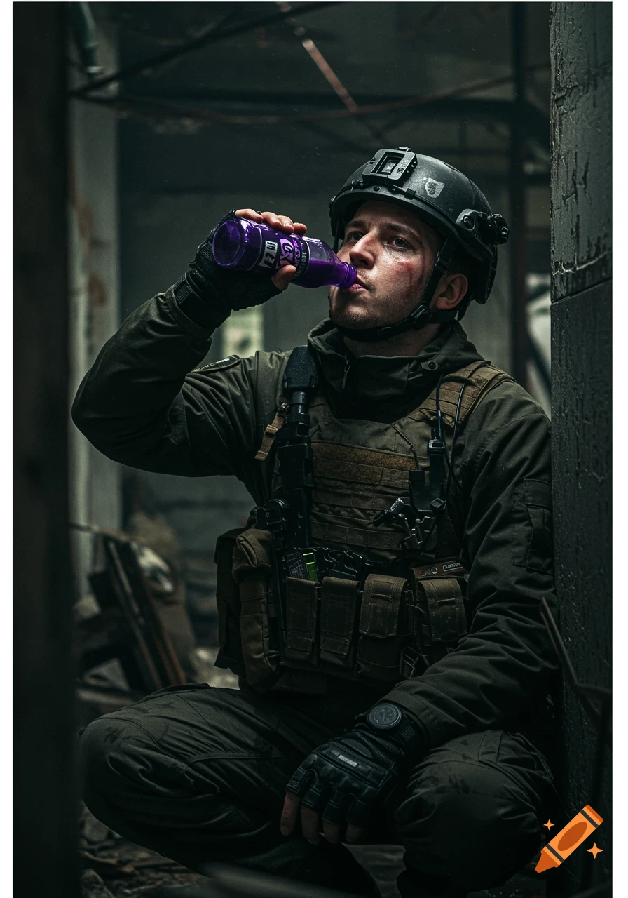 A soldier in tactical gear squats in a ruined building, drinking from a purple bottle.
