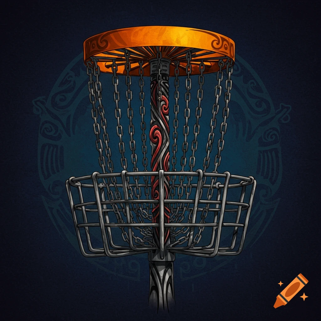 Tribal style illustration of a disc golf basket
