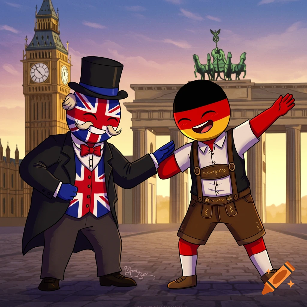 Cartoon UK in top hat and Germany in lederhosen in front of Big Ben and Brandenburg Gate