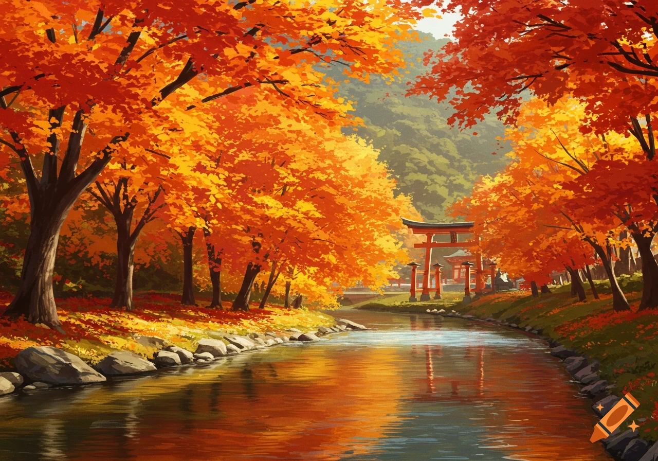 Autumn landscape with orange trees, river, and a red Japanese shrine.
