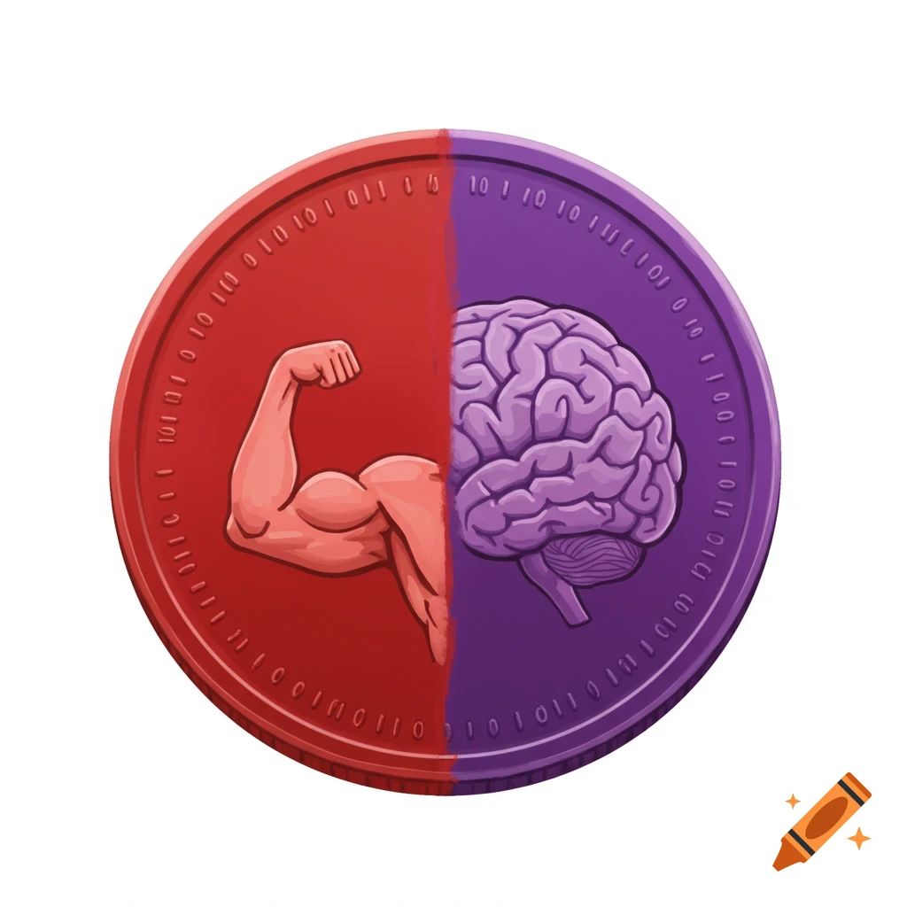 A circular coin with a red half showing a flexing bicep and a purple half showing a brain.