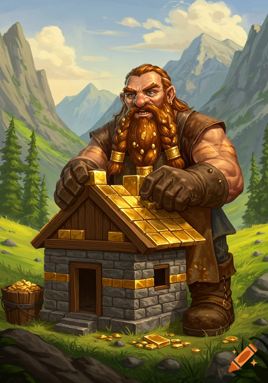 Illustration of a fantasy dwarf building a small house with gold bricks in a mountain valley.