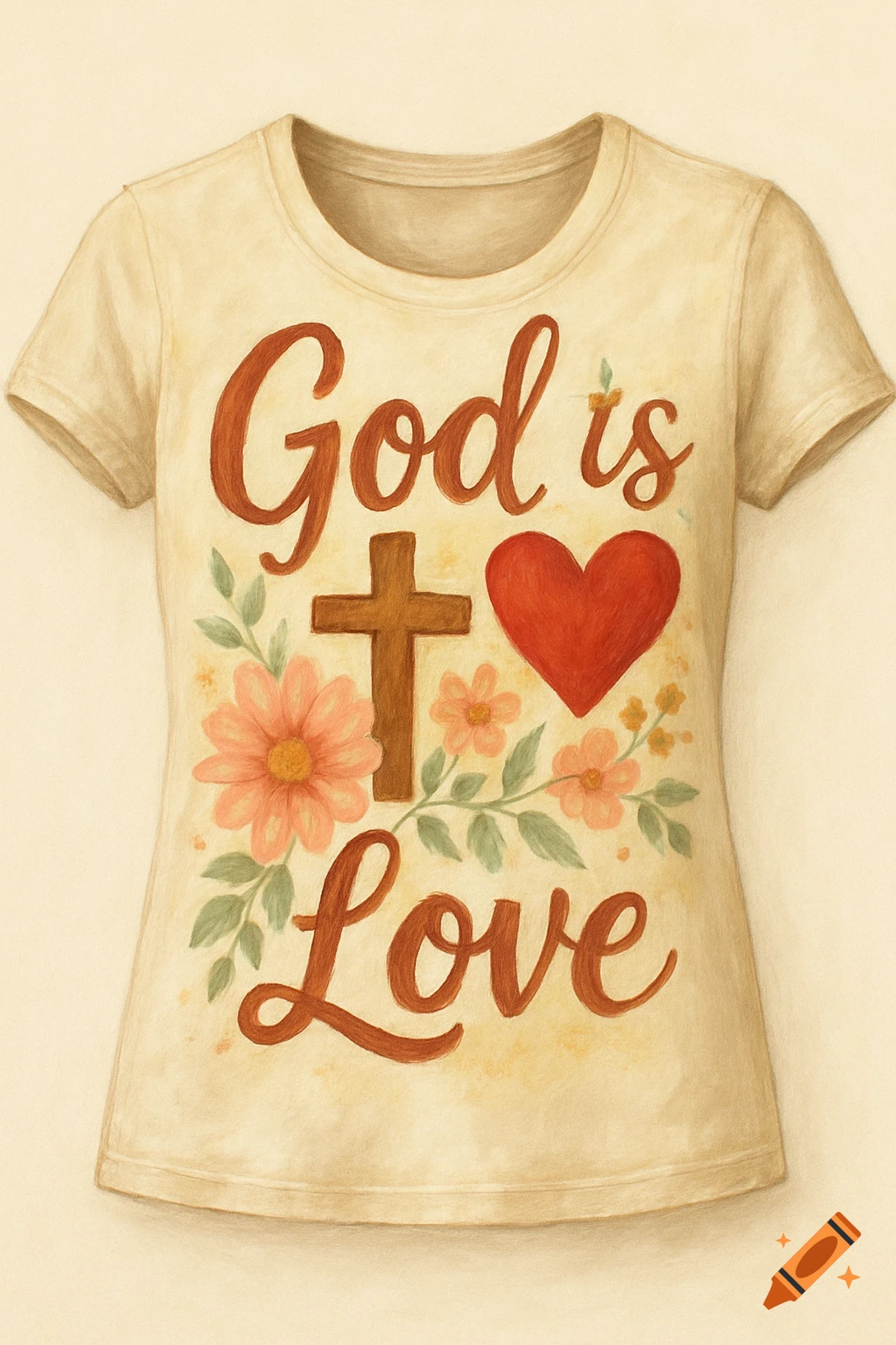 A t-shirt with "God is Love", a cross, heart, and flowers in a watercolor style.