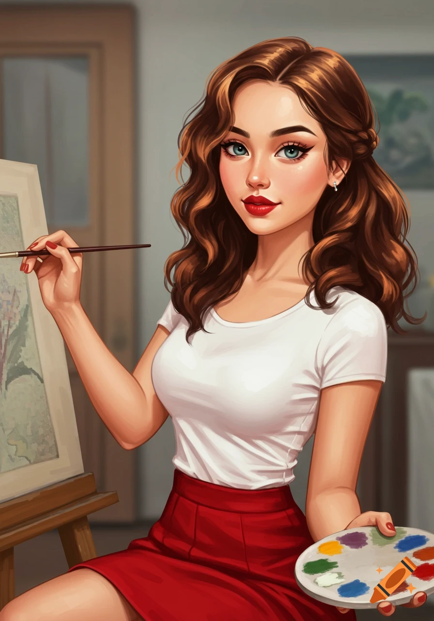 Digital illustration of a young woman with brown hair and red lips painting at an easel, holding a brush and palette.