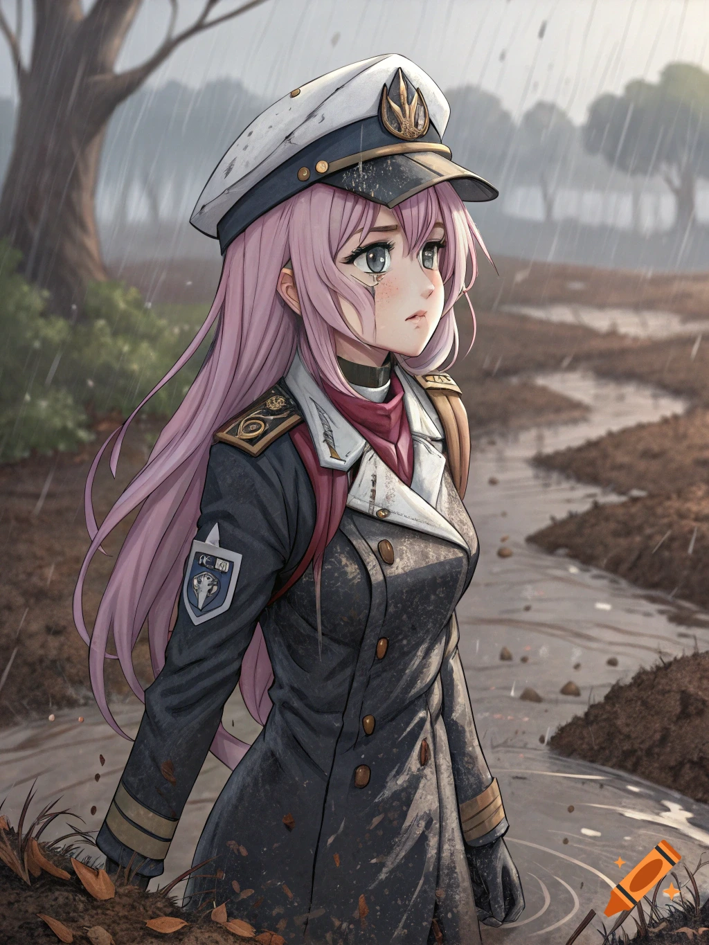Anime girl in military uniform stands in the rain and mud.